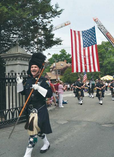 Jim Barry led the Boston Police Department’s Gaelic Column into Cedar Grove Cemetery on Monday for the traditional Memorial Day ceremonies. Bill Forry photo